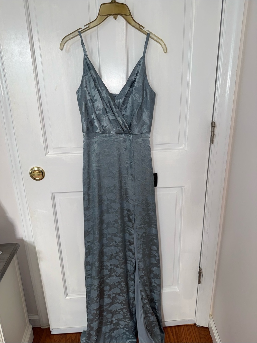Lulu's Slate Blue Floral Satin Maxi Dress - V-Neck Slip Gown